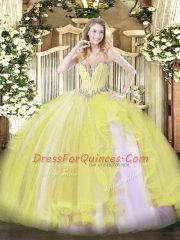 Yellow Ball Gowns Sweetheart Sleeveless Tulle Floor Length Lace Up Beading and Ruffles Sweet 16 Dress