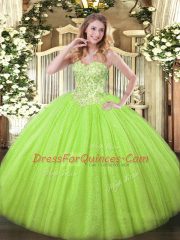 New Style Appliques Quince Ball Gowns Yellow Green Lace Up Sleeveless Floor Length
