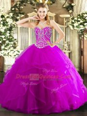 High End Fuchsia Lace Up Sweet 16 Dress Beading and Ruffles Sleeveless Floor Length