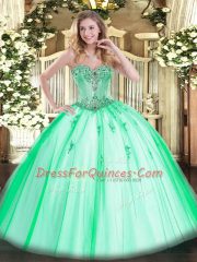 Delicate Apple Green Ball Gowns Beading and Appliques Quinceanera Gown Lace Up Tulle Sleeveless Floor Length