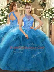 Dynamic Teal Organza Lace Up Ball Gown Prom Dress Sleeveless Floor Length Beading and Ruffles