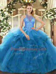 Dynamic Teal Organza Lace Up Ball Gown Prom Dress Sleeveless Floor Length Beading and Ruffles