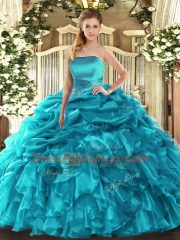 Stylish Floor Length Ball Gowns Sleeveless Teal Quinceanera Gown Lace Up