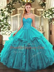 Customized Teal Lace Up Quinceanera Dresses Beading and Ruffles Sleeveless Floor Length