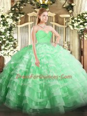 Floor Length Zipper Quinceanera Gowns Apple Green for Military Ball and Sweet 16 and Quinceanera with Beading and Lace and Ruffled Layers