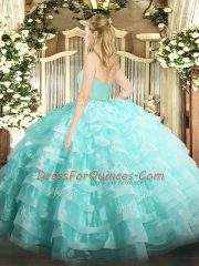 Floor Length Zipper Quinceanera Gowns Apple Green for Military Ball and Sweet 16 and Quinceanera with Beading and Lace and Ruffled Layers