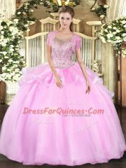 Baby Pink Sleeveless Floor Length Beading and Ruffles Clasp Handle 15 Quinceanera Dress