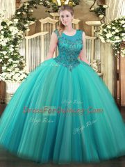 Elegant Turquoise Scoop Neckline Beading Sweet 16 Dress Sleeveless Zipper