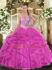 Extravagant Fuchsia Tulle Lace Up Quinceanera Dress Sleeveless Floor Length Beading and Ruffles