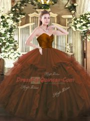 Floor Length Brown Quinceanera Gown Tulle Sleeveless Ruffles