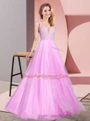 Custom Design Lilac A-line Tulle V-neck Sleeveless Lace Floor Length Zipper Evening Dress
