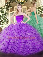 Tulle Strapless Sleeveless Brush Train Zipper Ruffles Vestidos de Quinceanera in Eggplant Purple