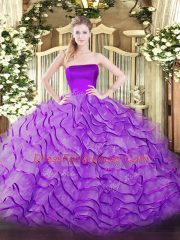 Tulle Strapless Sleeveless Brush Train Zipper Ruffles Vestidos de Quinceanera in Eggplant Purple