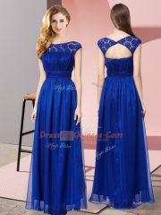 Pretty Royal Blue Empire Scoop Sleeveless Tulle Floor Length Zipper Lace Prom Gown