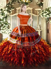 Beautiful Rust Red Short Sleeves Floor Length Ruffles Zipper Sweet 16 Dresses