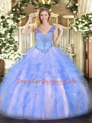 Charming Light Blue Lace Up Vestidos de Quinceanera Beading and Ruffles Sleeveless Floor Length
