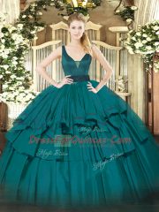 Fabulous Ball Gowns Quinceanera Gowns Teal Straps Organza Sleeveless Floor Length Zipper