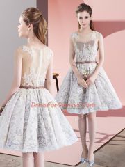 Elegant Appliques and Belt Prom Gown White Zipper Sleeveless Mini Length