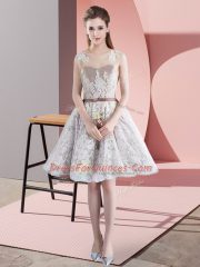 Elegant Appliques and Belt Prom Gown White Zipper Sleeveless Mini Length