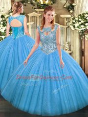 Modern Baby Blue Ball Gowns Scoop Sleeveless Tulle Floor Length Lace Up Beading Quince Ball Gowns