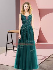Great Floor Length Backless Turquoise for Prom and Party with Beading and Appliques