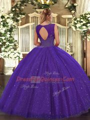 Scoop Sleeveless Backless Sweet 16 Dresses Teal Tulle and Sequined