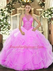 Elegant High-neck Sleeveless 15th Birthday Dress Floor Length Beading and Ruffles Rose Pink Organza