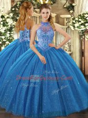 New Arrival Tulle Halter Top Sleeveless Lace Up Beading and Embroidery Quinceanera Gown in Blue