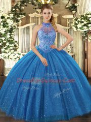 New Arrival Tulle Halter Top Sleeveless Lace Up Beading and Embroidery Quinceanera Gown in Blue