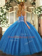 New Arrival Tulle Halter Top Sleeveless Lace Up Beading and Embroidery Quinceanera Gown in Blue