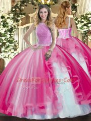 Glorious Hot Pink Lace Up High-neck Beading and Ruffles Quinceanera Dresses Tulle Sleeveless