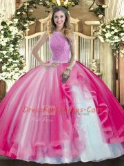 Glorious Hot Pink Lace Up High-neck Beading and Ruffles Quinceanera Dresses Tulle Sleeveless