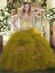 Modest Organza Sweetheart Sleeveless Lace Up Beading and Ruffles Quince Ball Gowns in Olive Green