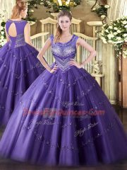 Purple Sweet 16 Quinceanera Dress Sweet 16 and Quinceanera with Beading and Appliques Scoop Sleeveless Lace Up
