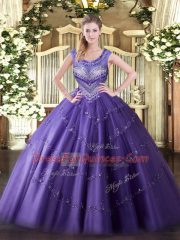 Purple Sweet 16 Quinceanera Dress Sweet 16 and Quinceanera with Beading and Appliques Scoop Sleeveless Lace Up