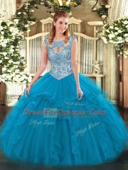 Blue Sleeveless Floor Length Beading and Ruffles Lace Up Sweet 16 Dresses