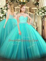 Colorful Tulle Sweetheart Sleeveless Zipper Beading and Lace Sweet 16 Dress in Turquoise