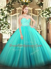Colorful Tulle Sweetheart Sleeveless Zipper Beading and Lace Sweet 16 Dress in Turquoise