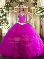 Fuchsia Sleeveless Floor Length Appliques and Ruffles Lace Up Quinceanera Dress