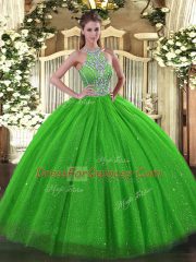 Dynamic Halter Top Lace Up Beading Quince Ball Gowns Sleeveless