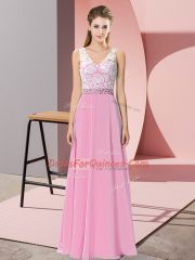 Chiffon and Lace V-neck Sleeveless Backless Beading Prom Gown in Rose Pink