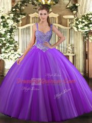 Perfect Purple Ball Gowns V-neck Sleeveless Tulle Floor Length Lace Up Beading Quinceanera Gown