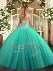 Perfect Purple Ball Gowns V-neck Sleeveless Tulle Floor Length Lace Up Beading Quinceanera Gown