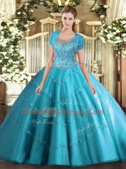 Aqua Blue Scoop Neckline Beading and Appliques Sweet 16 Dress Sleeveless Clasp Handle