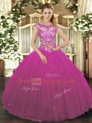 Beautiful Fuchsia Ball Gowns Scoop Cap Sleeves Tulle Floor Length Lace Up Beading and Appliques Quince Ball Gowns