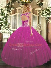 Beautiful Fuchsia Ball Gowns Scoop Cap Sleeves Tulle Floor Length Lace Up Beading and Appliques Quince Ball Gowns