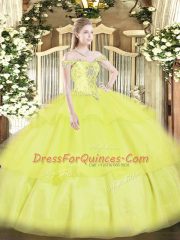 Organza Off The Shoulder Sleeveless Lace Up Beading and Ruffled Layers Ball Gown Prom Dress in Yellow