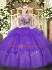 Tulle Scoop Sleeveless Lace Up Beading and Ruffled Layers Quinceanera Gowns in Purple