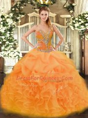 Latest Orange Sleeveless Organza Lace Up Quinceanera Dress for Sweet 16 and Quinceanera