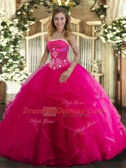Hot Pink Ball Gowns Beading and Ruffles Sweet 16 Dresses Lace Up Tulle Sleeveless Floor Length